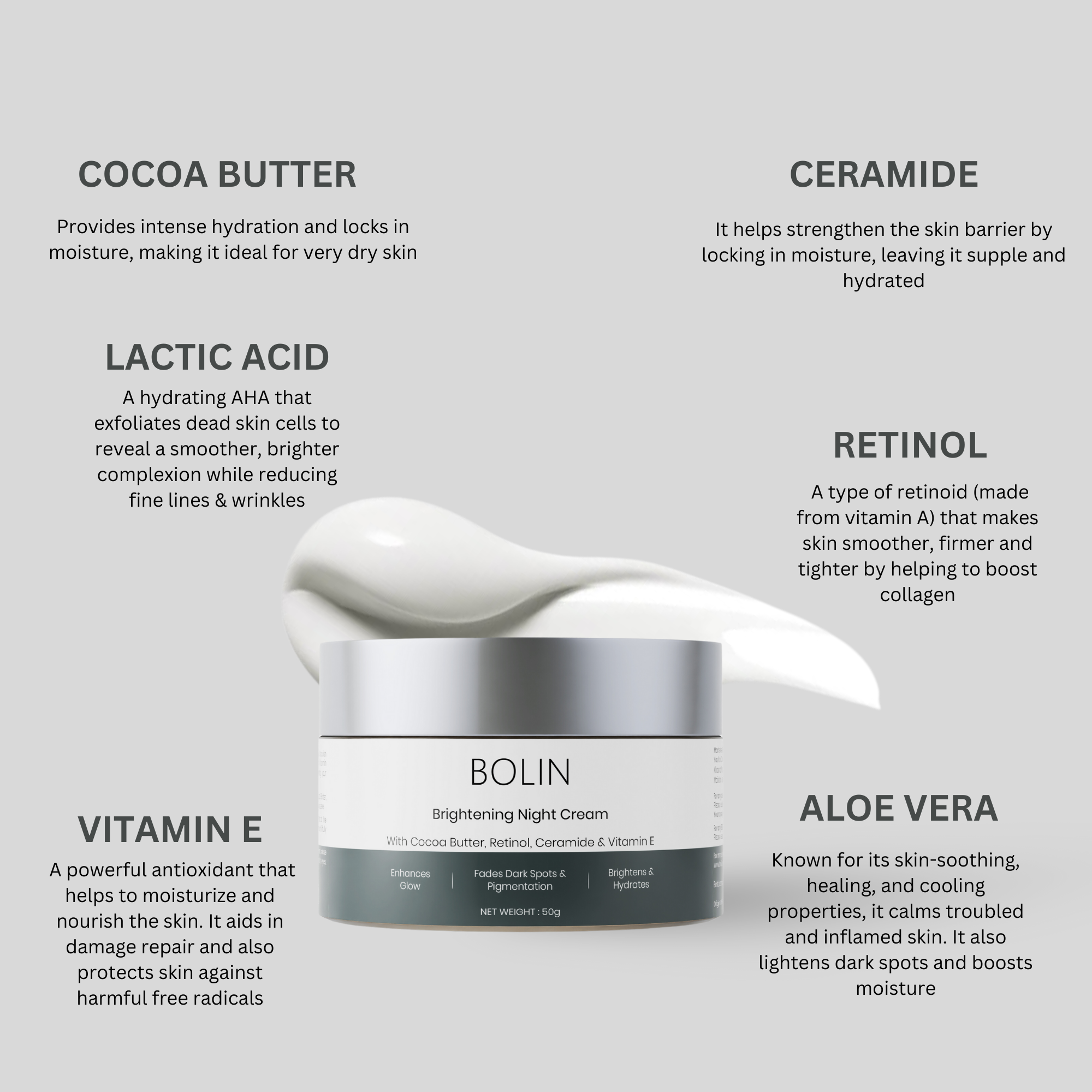 cocoa butter, ceramide, lactic acid, retinol, vitamin e, aloe vera | best brightening kit for glowing skin, vitamin c serum and moisturizer kit combo