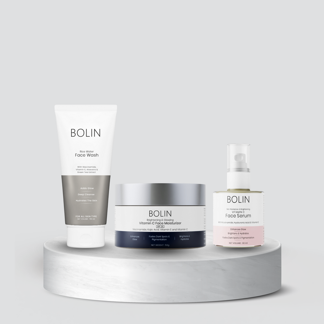 A collection of skincare products by BOLIN, including a face wash, moisturizer, and a serum