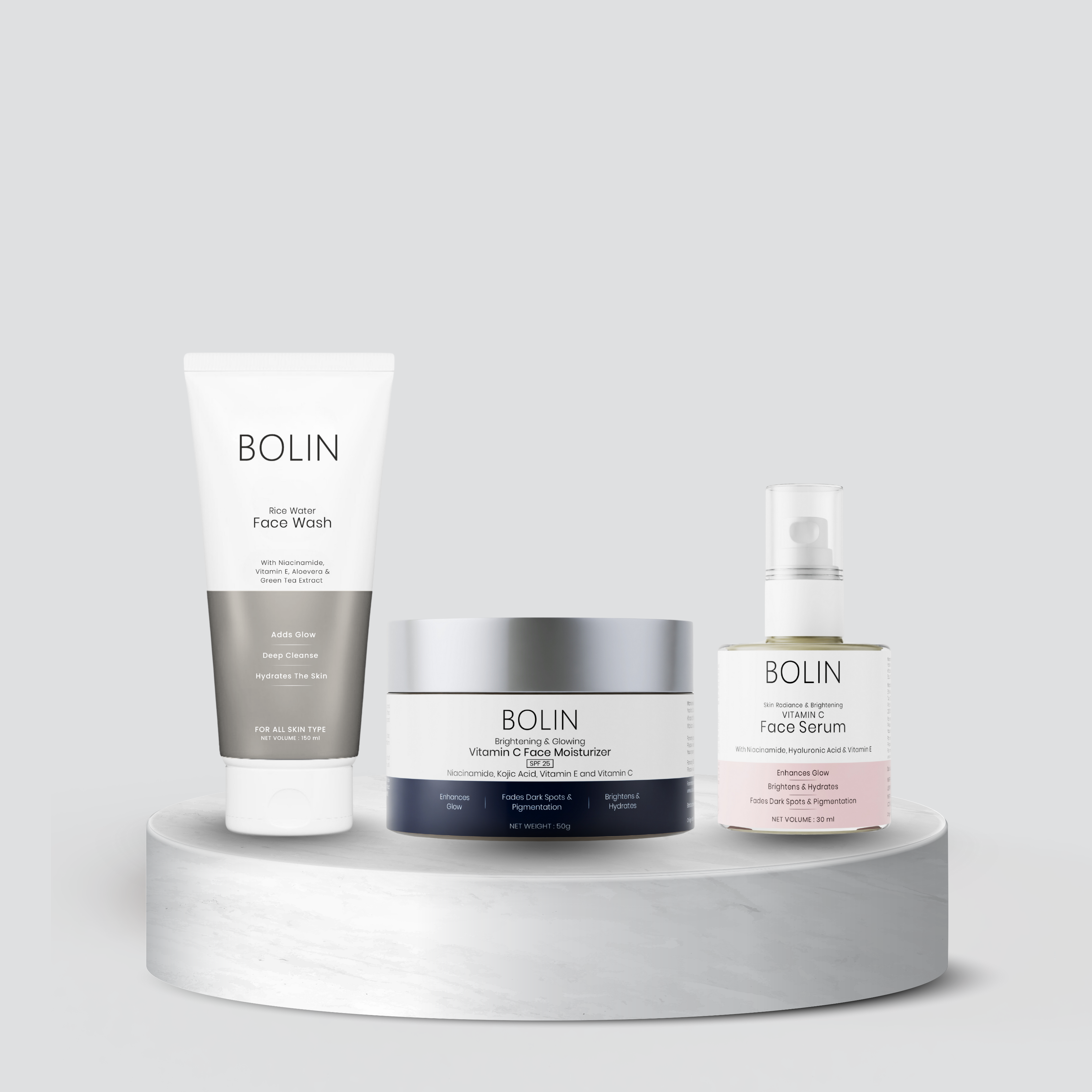 A collection of skincare products by BOLIN, including a face wash, moisturizer, and a serum