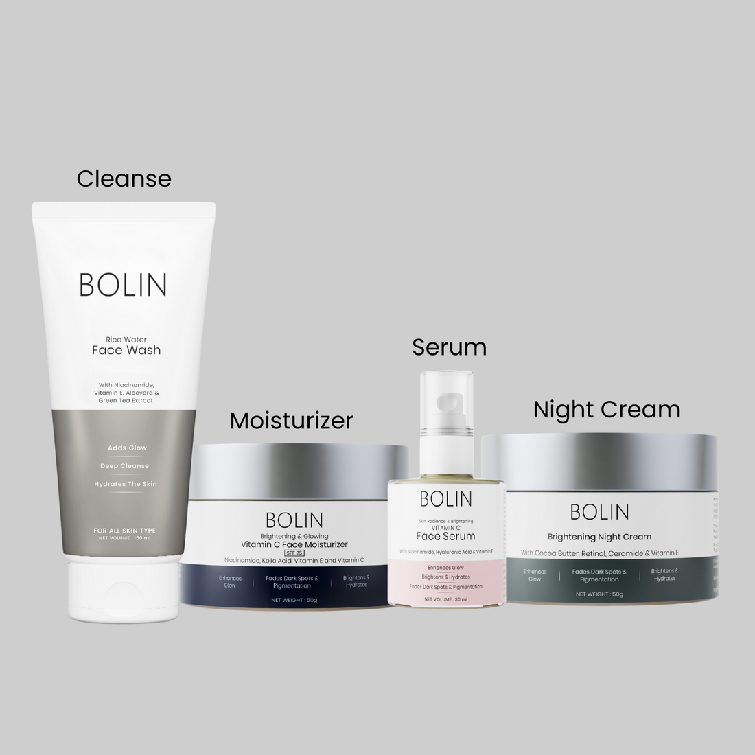 A collection of skincare products from BOLIN, including a face wash, face serum, night cream, and moisturizer.