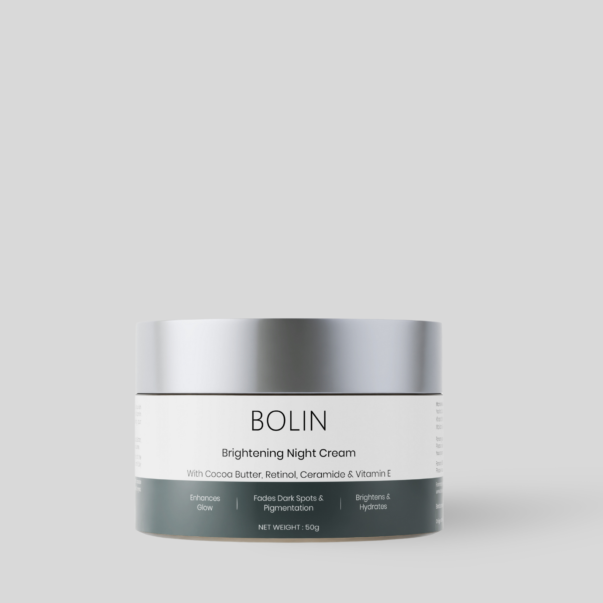 BOLIN brightening night cream with key ingredients listed on the label, including Retinol, Ceramide, and Vitamin E.