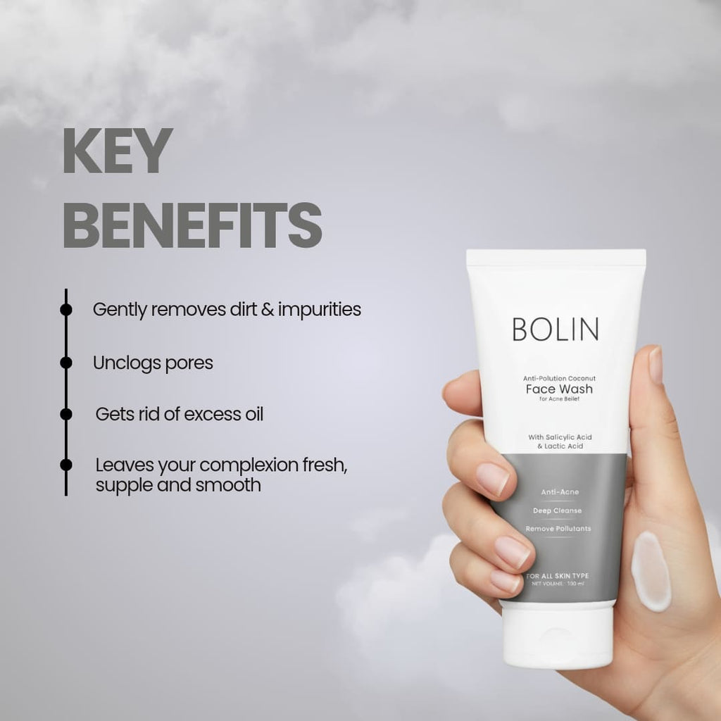 Bolin face wash tube held by a hand with key benefits listed on a gray background