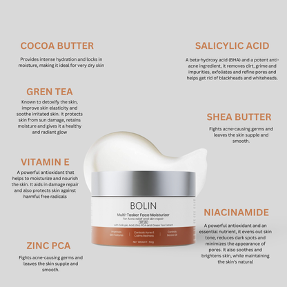 cocoa butter, salicylic acid, green tea, shea butter, vitamin e, niacinamide, zinc pca  anti acne kit