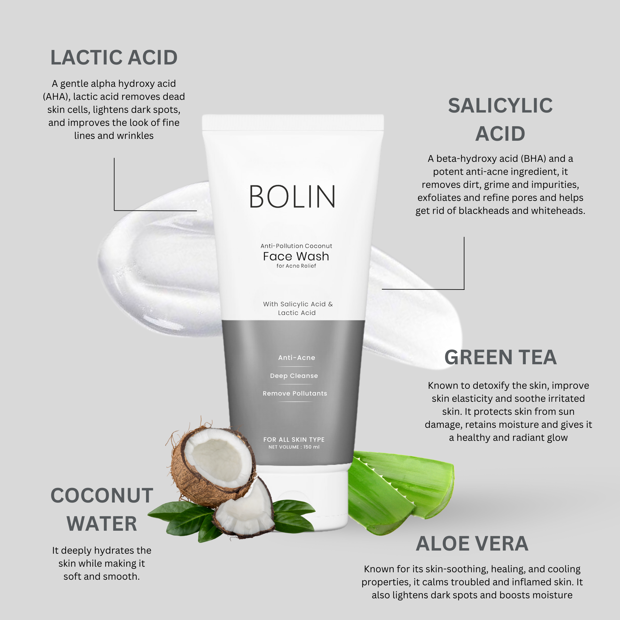 lactic acid, salicylic acid, green tea, coconut water, aloe vera anti acne kit