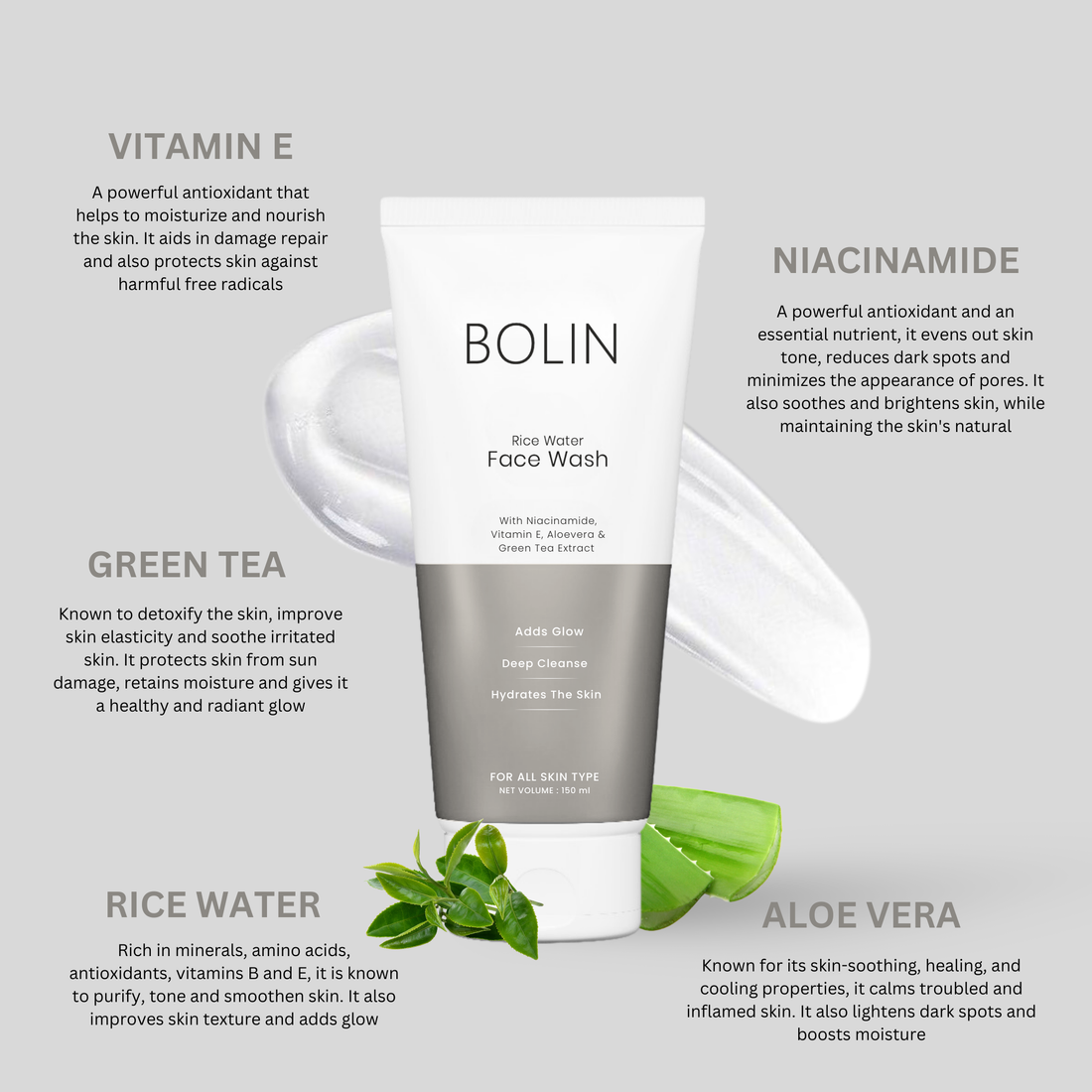 vitamin e, niacinamide, green tea, rice water, aloe vera, brightening skincare kit